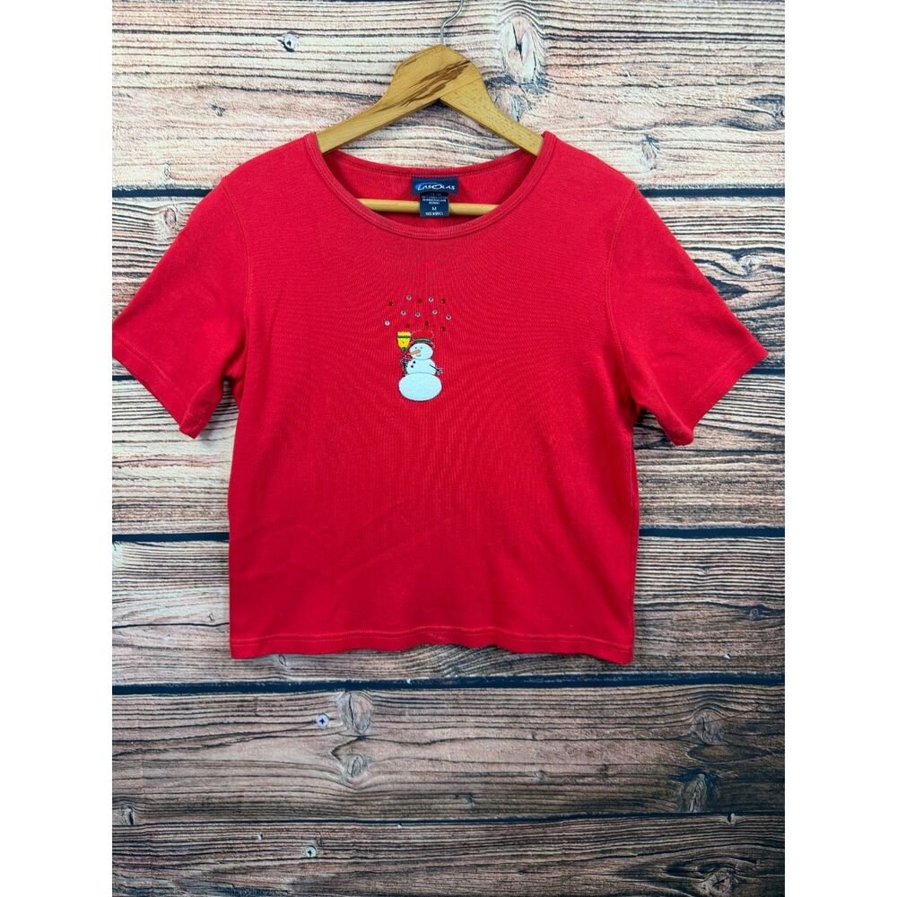 Las Olas Womens Medium Red Snowman Christmas Rhinestone Holiday Tee 4631